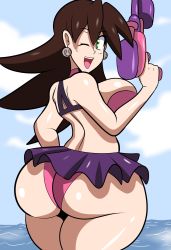 Rule 34 | 1girl, alternate costume, ass, bare shoulders, bikini, breasts, brown hair, capcom, from behind, green eyes, hair down, highres, huge ass, large breasts, long hair, looking at viewer, looking back, mega man (series), mega man legends (series), one eye closed, open mouth, shingattai, shiny clothes, shiny skin, sideboob, smile, solo, swimsuit, thick thighs, thighs, tron bonne (mega man), water gun, wink