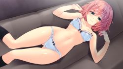 Rule 34 | 1girl, blue bra, blue panties, blush, bow, bow bra, bow panties, bra, breasts, chobipero, couch, from above, game cg, green eyes, kurushima shiho, lying, navel, on back, panties, pink hair, shin shirogane no soleil reanswer, short hair, small breasts, smile, solo, underwear, underwear only