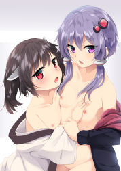Rule 34 | 2girls, :o, arai togami, black hair, black jacket, blush, breasts, breasts out, coat, collarbone, flat chest, grey background, groin, hair ornament, hair tubes, hairpin, hand on another&#039;s chest, highres, holding another&#039;s wrist, jacket, japanese clothes, kimono, kimono pull, long sleeves, looking at viewer, multiple girls, naked coat, nipples, no bra, no panties, no pussy, off shoulder, open mouth, red eyes, short hair, short hair with long locks, sidelocks, small breasts, touhoku kiritan, upper body, v-shaped eyebrows, vocaloid, voiceroid, white kimono, wide sleeves, yuzuki yukari
