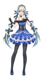 Rule 34 | 1girl, :d, black gloves, black pantyhose, black ribbon, blue bow, blue dress, blue footwear, blue hair, bow, choker, collarbone, dress, floating hair, full body, gloves, hair between eyes, hair ornament, high heels, highres, layered dress, long hair, looking at viewer, multicolored hair, open mouth, orange eyes, original, pantyhose, pumps, ribbon, ribbon choker, short dress, silver hair, simple background, sion (9117), sleeveless, sleeveless dress, smile, solo, standing, striped clothes, striped pantyhose, tachi-e, twintails, two-tone hair, underbust, vertical-striped clothes, vertical-striped pantyhose, very long hair, white background