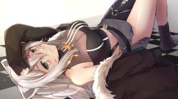 Rule 34 | 1girl, ahoge, animal ears, bare shoulders, belt, blush, boots, breasts, cleavage, earrings, fur-trimmed jacket, fur trim, grey eyes, grey hair, hair between eyes, highres, hololive, jacket, jewelry, large breasts, lion ears, lion girl, long hair, looking at viewer, lying, midriff, nail polish, necklace, on back, parted lips, see-through, see-through cleavage, shirt, shishiro botan, shishiro botan (1st costume), shuuzo3, single leg pantyhose, skirt, solo, virtual youtuber