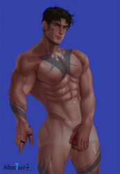 Rule 34 | 1boy, abs, aliast669, arm tattoo, artist name, bara, batman (series), black hair, blue background, chest tattoo, closed mouth, completely nude, covering privates, covering crotch, dc comics, dick grayson, erection, highres, jewelry, large pectorals, leg tattoo, male focus, muscular, muscular male, navel, nude, pectorals, penis, ring, short hair, simple background, smile, solo, tattoo, thick thighs, thighs