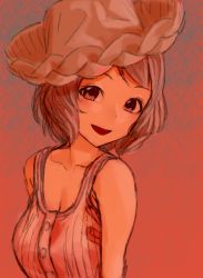 Rule 34 | 1girl, :d, bare shoulders, breasts, cleavage, copyright request, dress, gishu, hat, highres, large breasts, looking at viewer, medium hair, open mouth, red theme, smile, solo, sun hat, sundress