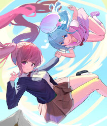 Rule 34 | 2girls, absurdres, arms up, beret, black footwear, blue eyes, blue hair, blue jacket, bow, bowtie, breasts, brown skirt, closed mouth, collarbone, collared shirt, commentary, falling, flower, hand up, hat, hat flower, highres, holding hands, jacket, large breasts, long hair, long sleeves, looking at viewer, lovelyme, multiple girls, open clothes, open jacket, open mouth, original, pink hair, pleated skirt, purple eyes, purple footwear, purple serafuku, red bow, red bowtie, school uniform, serafuku, shirt, skirt, smile, socks, sweatdrop, thighs, twintails, white headwear, white shirt, white socks