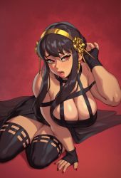 Rule 34 | 1girl, black hair, breasts, cleavage, dress, hair ornament, highres, large breasts, lipstick, makeup, nail polish, red background, red eyes, riz, simple background, solo, spy x family, thick thighs, thighhighs, thighs, yor briar