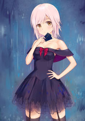 Rule 34 | 1girl, bare shoulders, black dress, black thighhighs, bow, breasts, brown eyes, card, cleavage, closed mouth, collarbone, commentary request, cowboy shot, dress, fingernails, garter straps, hair between eyes, hand on own hip, hand up, holding, holding card, looking at viewer, medium breasts, n.g., off-shoulder dress, off shoulder, original, pink hair, red bow, solo, standing, thighhighs