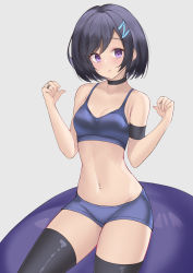 Rule 34 | 1girl, :t, absurdres, armband, bare arms, bare shoulders, black choker, black hair, black thighhighs, blue shirt, blue shorts, breasts, choker, closed mouth, crop top, hair ornament, hairclip, hands up, highres, jewelry, kori (parfait ehmy), looking at viewer, micro shorts, midriff, navel, original, parfait desu, pout, purple eyes, ring, shirt, short hair, shorts, sleeveless, sleeveless shirt, small breasts, solo, spaghetti strap, stomach, thighhighs, thighs
