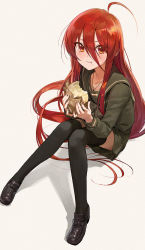 Rule 34 | 1girl, ahoge, black footwear, black thighhighs, bread, collarbone, eating, food, food on face, full body, hair between eyes, highres, holding, holding food, jewelry, long hair, looking at viewer, melon bread, modare, necklace, red eyes, red hair, school uniform, serafuku, shakugan no shana, shana, shoes, simple background, sitting, solo, thighhighs, white background