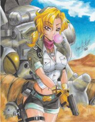Rule 34 | 1girl, 2020, absurdres, blonde hair, breasts, chewing gum, cleavage, day, earrings, gloves, gun, highres, holding, holding gun, holding weapon, jacket, jewelry, kasamoto eri, large breasts, metal slug, navel, necklace, ponytail, ravernclouk design, red eyes, scarf, shirt, short shorts, shorts, snk, solo, traditional media, weapon, yellow gloves