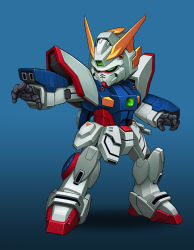 Rule 34 | ffffiu, fighting stance, g gundam, gradient background, green eyes, gundam, highres, looking to the side, mecha, no humans, open hands, parody, robot, science fiction, shining gundam, solo, standing, style parody, super robot wars, v-fin