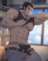 Rule 34 | 1boy, abs, bara, beard, belt, black hair, blurry, blurry background, bulge, clothes lift, cloud, cloudy sky, denim, erection, erection under clothes, facial hair, highres, jeans, jockstrap, large pectorals, looking at viewer, lucas lee, male focus, male underwear, manly, mature male, mazjojo, muscular, muscular male, neck tattoo, nipples, panties, pants, pectorals, scott pilgrim (series), scott pilgrim takes off, shirt lift, short hair, sky, smirk, solo, tank top, tattoo, thick arms, thick eyebrows, underwear, window