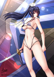 Rule 34 | 1girl, adsouto, arms at sides, bikini, blue hair, breasts, hair ribbon, highres, holding, holding sword, holding weapon, katana, long hair, looking to the side, mecha, medium breasts, mitsurugi meiya, muv-luv, muv-luv alternative, navel, ponytail, revealing clothes, ribbon, robot, signature, solo, standing, string bikini, swimsuit, sword, weapon