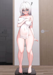 Rule 34 | 1girl, absurdres, ahoge, arm at side, barefoot, blue eyes, blush, breasts, collarbone, commission, covered navel, covering breasts, covering privates, curvy, full body, glasses, highres, indoors, kkam-sang, large breasts, long hair, looking down, naked towel, nude cover, original, solo, standing, straight hair, towel, very long hair, weighing scale, white hair, wide hips