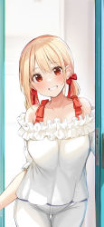 Rule 34 | 1girl, bare shoulders, blonde hair, blush, bow, breasts, collarbone, doorway, dot nose, frilled shirt, frills, grin, hair bow, highres, looking at viewer, lycoris recoil, nishikigi chisato, pajamas, pants, red bow, red eyes, red ribbon, ribbon, rouka (akatyann), shirt, short hair, short twintails, smile, solo, twintails, white pants, white shirt