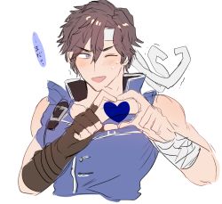 Rule 34 | 1boy, bad id, bad twitter id, belt, blue eyes, blush, brown hair, cape, castlevania (series), castlevania: rondo of blood, gloves, headband, heart, heart hands, male focus, monja0325, nintendo, open mouth, richter belmont, short hair, simple background, smile, solo, super smash bros.