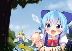 Rule 34 | 4girls, :d, :o, ascot, blue bow, blue dress, blue eyes, blue hair, blush, bow, bowtie, breasts, child, cirno, cloud, commentary request, cryokinesis, daiyousei, day, dress, fairy wings, flying, frog, green eyes, green hair, hakurei reimu, hands up, highres, hikuchi riku, ice, ice wings, kirisame marisa, long hair, lying, motion blur, multiple girls, on stomach, one side up, open mouth, outdoors, perspective, pinafore dress, puffy short sleeves, puffy sleeves, red bow, red neckwear, short hair, short sleeves, sky, sleeveless, sleeveless dress, small breasts, smile, sweat, touhou, tree, v-shaped eyebrows, wing collar, wings, yellow bow, yellow neckwear