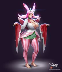 Rule 34 | 1girl, barefoot, breasts, cleavage, creatures (company), curvy, feet, female focus, full body, game freak, gen 7 pokemon, large breasts, long hair, lurantis, nail polish, nintendo, personification, pink hair, pinkdrawz, plump, pokemon, pokemon (creature), red eyes, smile, solo, standing, thick thighs, thighs, wide hips