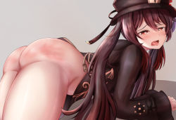 Rule 34 | 1girl, artist request, ass, blush, bottomless, brown eyes, brown hair, chinese clothes, coattails, embarrassed, genshin impact, half-closed eyes, handprint, hat, hat ornament, highres, hu tao (genshin impact), huge ass, leaning, leaning forward, long hair, looking at viewer, red ass, shiny clothes, shiny skin, solo, spanked, tears, thighs, tongue, tongue out, twintails, very long hair