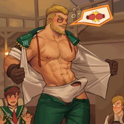 Rule 34 | 3boys, abs, absurdres, bara, bare shoulders, beard, blonde hair, blush, brown gloves, bulge, chest hair, clothes pull, cyrus (genshin impact), erection, erection under clothes, facial hair, genshin impact, gloves, green jacket, green pants, helbai, highres, jacket, jacket on shoulders, large pectorals, looking at another, male focus, male underwear, monocle, multiple boys, muscular, muscular male, mustache, navel, nipples, open clothes, open shirt, pants, pants pull, pectorals, shirt, short hair, squeans, thick mustache, underwear, white male underwear, white shirt
