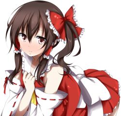 Rule 34 | 1girl, alternate hairstyle, ascot, bad id, bad pixiv id, bow, brown hair, colorized, detached sleeves, dress, frilled skirt, frills, hair bow, hair tubes, hakurei reimu, heart, highres, hoshi (menma), leaning forward, long hair, red dress, red eyes, revision, ribbon, side ponytail, simple background, skirt, smile, solo, toosaka asagi, touhou, white background