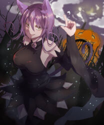 Rule 34 | 1girl, :3, animal ears, bare shoulders, black dress, black hat, blair (soul eater), breasts, cat ears, cat girl, cat tail, cleavage, closed mouth, commentary request, covered erect nipples, curly hair, detached sleeves, dress, english text, flipped hair, hair between eyes, half-closed eyes, halloween, hat, highres, impossible clothes, index finger raised, large breasts, looking at viewer, naughty face, purple hair, riko (naekichi0), short hair, skin tight, solo, soul eater, tail, trick or treat, witch, witch hat, yellow eyes
