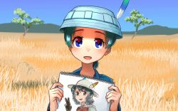 Rule 34 | 1girl, :d, black gloves, blue eyes, commentary request, day, drawing, gloves, grass, green hair, hat, hat feather, holding, kaban (kemono friends), kemono friends, kemono friends 2, kyururu (kemono friends), looking at viewer, male focus, open mouth, outdoors, savannah, short hair, signature, sketchbook, smile, solo, tree, upper body, v, welt (kinsei koutenkyoku)