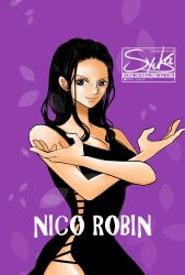 Rule 34 | 1girl, black dress, black hair, commentary, cowboy shot, crossed arms, dress, hair slicked back, highres, long hair, looking at viewer, nico robin, one piece, one syuka, petals, purple background, sidelocks, simple background, smile, solo