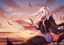 1girl aer_(tengqiu) black_cape black_pantyhose cape dusk essex_(warship_girls_r) feathers floating_hair gloves highres long_hair outdoors pantyhose pleated_skirt red_eyes sitting skirt sky solo twintails two_side_up very_long_hair warship_girls_r weibo_logo weibo_watermark white_gloves white_hair