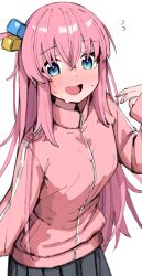 Rule 34 | 1girl, bad id, bad twitter id, blue eyes, bocchi the rock!, cube hair ornament, gotoh hitori, grey skirt, hair between eyes, hair ornament, highres, jacket, long hair, looking at viewer, morumoru x, nervous smile, one side up, open mouth, pink hair, pink jacket, pleated skirt, simple background, skirt, smile, solo, standing, sweatdrop, track jacket, white background
