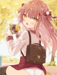 Rule 34 | 1girl, :o, ass, backpack, bag, black thighhighs, brown hair, clothes lift, collared shirt, commentary request, food, food on face, frilled shirt collar, frills, from behind, ginkgo tree, ginkgo leaf, hair rings, holding, holding food, hoshi (snacherubi), leaf, long hair, looking at viewer, looking back, open mouth, original, panties, red skirt, roasted sweet potato, shirt, sitting, skirt, skirt lift, solo, steam, sweet potato, thighhighs, underwear, very long hair, white panties, white shirt, yellow eyes