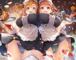 Rule 34 | 2girls, birthday, blue eyes, blue panties, bread, breasts, character name, commentary request, cup, dated, drinking glass, english text, food, green panties, happy birthday, hozumi kaoru, in-franchise crossover, kosaka honoka, large breasts, looking at viewer, love live!, love live! school idol project, love live! sunshine!!, maid, medium hair, multiple girls, one side up, orange hair, panties, red eyes, short hair, sidelocks, signature, takami chika, tray, underwear