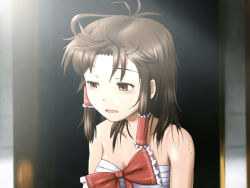 Rule 34 | 1girl, antenna hair, bags under eyes, bare shoulders, bite mark, blurry, bow, breasts, brown eyes, brown hair, depth of field, frills, from side, fusuma, hair bow, hair tubes, hakurei reimu, looking down, messy hair, open door, open mouth, sarashi, shirosato, shouji, sleepy, sliding doors, small breasts, solo, touhou, uneven eyes, upper body