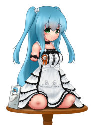 Rule 34 | 1girl, amputee, blue hair, blush, bow, choker, dress, green eyes, highres, lolita fashion, long hair, looking at viewer, mikey sukairain, open mouth, quadruple amputee, ribbon, ribbon choker, simple background, sitting, solo, table, twintails, very long hair, white background
