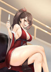 Rule 34 | 1girl, :d, absurdres, azur lane, bare legs, bare shoulders, breasts, brown eyes, brown hair, champagne flute, cleavage, couch, crossed legs, cup, detached sleeves, dress, drinking glass, evening gown, feet out of frame, highres, holding, holding cup, indoors, large breasts, long hair, long sleeves, looking at viewer, mippei, on couch, open mouth, pelvic curtain, ponytail, red dress, sitting, smile, solo, wide sleeves, zuikaku (azur lane)
