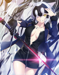 Rule 34 | 1girl, :d, ahoge, arm up, black dress, blue jacket, breasts, cleavage, collarbone, commentary request, cowboy shot, dress, fate/grand order, fate (series), fur-trimmed sleeves, fur trim, gauntlets, glint, grin, headpiece, highres, holding, holding sword, holding weapon, jacket, jeanne d&#039;arc (fate), jeanne d&#039;arc alter (fate), jeanne d&#039;arc alter (ver. shinjuku 1999) (fate), jewelry, lens flare, long sleeves, looking at viewer, medium breasts, necklace, official alternate costume, open clothes, open jacket, open mouth, short dress, short hair, silver hair, single gauntlet, smile, solo, sword, teeth, thigh gap, torn clothes, torn sleeves, weapon, yellow eyes, yoshida takuma