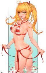 Rule 34 | 1girl, :d, absurdres, ahoge, artist name, ass, bikini, blonde hair, blush, bracelet, breasts, butt crack, c.honey, cleavage, commentary request, contrapposto, covered erect nipples, cowboy shot, criss-cross halter, fate/grand order, fate (series), from side, gradient background, green eyes, hair intakes, halterneck, highres, jewelry, long hair, looking at viewer, medium breasts, navel, nero claudius (fate), nero claudius (fate) (all), nero claudius (swimsuit caster) (fate), open mouth, outside border, petals, shiny skin, side-tie bikini bottom, sidelocks, simple background, smile, standing, striped bikini, striped clothes, swimsuit, thighs, twintails, twisted torso, untying, wading