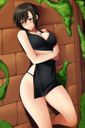 Rule 34 | 1girl, alternate breast size, black dress, black hair, black panties, blue eyes, blush, breasts, brick wall, cleavage, collarbone, commission, crossed arms, disney, dress, kingdom hearts, large breasts, leg up, lindaroze, looking to the side, moss, panties, short hair, shy, side slit, sleeveless, sleeveless dress, smile, square enix, standing, thighs, underwear, wall, xion (kingdom hearts)