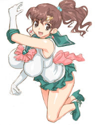 Rule 34 | 1990s (style), 1girl, bare legs, bishoujo senshi sailor moon, boots, bow, breasts, brooch, brown eyes, brown hair, earrings, elbow gloves, full body, gloves, green footwear, green skirt, hair bobbles, hair ornament, heart, heart brooch, hirose (mokiki), impossible clothes, impossible shirt, jewelry, kino makoto, large breasts, magical girl, miniskirt, pink bow, ponytail, retro artstyle, sailor jupiter, shirt, skirt, solo, super sailor jupiter, tiara, white background, white gloves