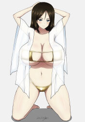 Rule 34 | 1girl, absurdres, alternate breast size, arms up, bikini, black hair, blue eyes, breasts, bukkuri, closed mouth, dated, eyepatch bikini, full body, girls und panzer, gold bikini, highres, huge breasts, long hair, navel, nonna (girls und panzer), resolution mismatch, see-through shawl, shawl, signature, solo, source smaller, stomach, swimsuit, thighs, white shawl