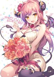Rule 34 | 1girl, absurdres, asymmetrical legwear, black thighhighs, bouquet, breasts, cleavage, confetti, demon horns, demon tail, demon wings, flower, gomashio ponz, hair flower, hair intakes, hair ornament, highres, horns, kurari rose, large breasts, long hair, looking at viewer, open mouth, pink hair, sitting, tail, thighhighs, uneven legwear, virtual youtuber, wactor production, wariza, wings, yellow eyes