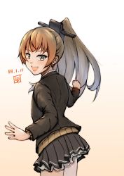 Rule 34 | 1girl, beige background, beige cardigan, blazer, blue eyes, brown hair, brown jacket, brown skirt, cardigan, commentary request, cowboy shot, dated, from behind, gradient background, highres, jacket, kantai collection, kumano (kancolle), ld (luna dial398), long hair, looking at viewer, one-hour drawing challenge, ponytail, skirt, solo, white background