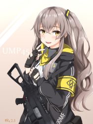 Rule 34 | 1girl, 404 logo (girls&#039; frontline), armband, bad id, bad twitter id, blush, breasts, character name, cowboy shot, fingerless gloves, girls&#039; frontline, gloves, grey hair, gun, h&amp;k ump, hair between eyes, hair ornament, heckler &amp; koch, highres, holding, holding gun, holding weapon, hood, hood down, hooded jacket, ibuki grunt, jacket, long hair, looking at viewer, one side up, open clothes, open jacket, scar, scar across eye, scar on face, scarf, shirt, skirt, small breasts, smile, submachine gun, ump45 (girls&#039; frontline), weapon, white shirt, yellow eyes