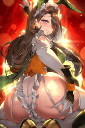 Rule 34 | 1girl, animal ears, ass, bow, breasts, brown hair, chinese text, earrings, elbow gloves, fake animal ears, frilled panties, frills, garter straps, gloves, hair over one eye, hand on own ass, highres, huge ass, jewelry, large breasts, lipstick, long hair, looking at viewer, looking back, maid headdress, makeup, mole, mole under eye, original, panties, purple eyes, rabbit ears, see-through panties, senri gan, simple background, sleeveless, smile, solo, sumire (bunnystein fantasy), sweat, thighhighs, underwear