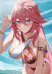 Rule 34 | 1girl, absurdres, bare shoulders, bikini, breasts, commentary request, criss-cross halter, floral print, genshin impact, halterneck, hand up, highres, ituka kanau, large breasts, long hair, looking at viewer, navel, pink hair, purple eyes, smile, solo, stomach, swimsuit, very long hair, water, yae miko