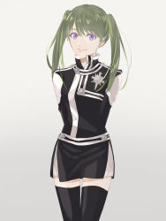Rule 34 | 13isaco, 1girl, arms behind back, bad id, bad pixiv id, black thighhighs, closed mouth, d.gray-man, earrings, gradient background, green hair, grey background, hair between eyes, highres, jewelry, lenalee lee, long hair, looking at viewer, miniskirt, pleated skirt, purple eyes, skirt, smile, solo, standing, thigh gap, thighhighs, twintails, uniform, white background, white skirt