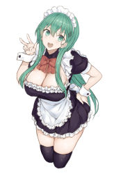 Rule 34 | 1girl, absurdres, alternate costume, aqua hair, black dress, black thighhighs, bow, bowtie, breasts, cleavage, cropped legs, dress, enmaided, frilled dress, frills, green eyes, hair ornament, hairclip, highres, kantai collection, large breasts, long hair, looking at viewer, maid, maid headdress, red bow, red bowtie, ryo (tg290), simple background, solo, suzuya (kancolle), thighhighs, v, white background, wrist cuffs