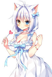 Rule 34 | 1girl, aina rive, animal ear fluff, animal ears, blue eyes, blue ribbon, breasts, cat ears, cat girl, choker, cleavage, closed mouth, dress, hair ribbon, heterochromia, holding, large breasts, long hair, looking at viewer, mauve, original, ribbon, simple background, sleeveless, sleeveless dress, smile, solo, twintails, white background, white choker, white dress, white hair, yellow eyes