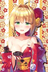 Rule 34 | 1girl, ahoge, bare shoulders, blonde hair, blush, breasts, cleavage, collarbone, fate/grand order, fate (series), flower, green eyes, hair between eyes, hair intakes, hair ornament, hayama eishi, head tilt, holding, japanese clothes, looking at viewer, medium breasts, nero claudius (fate), nero claudius (fate) (all), nero claudius (fate/extra), open mouth, rose, simple background, smile, solo, upper body