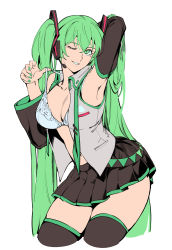 Rule 34 | 1girl, absurdres, arm behind head, arm up, armpits, bra, breasts, collarbone, collared shirt, cowboy shot, cropped legs, detached sleeves, fingernails, flat color, green eyes, green hair, green nails, grey background, hand up, hatsune miku, headset, highres, large breasts, long hair, looking at viewer, microskirt, nail polish, navel, necktie, one eye closed, open clothes, open shirt, parted lips, pleated skirt, pulled by self, ruukii drift, seductive smile, shirt, simple background, skindentation, skirt, smile, solo, strap pull, teasing, thighhighs, twintails, underwear, undone necktie, very long hair, vocaloid, wing collar, zettai ryouiki