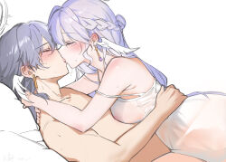 Rule 34 | 1boy, 1girl, blush, braid, brother and sister, chinese commentary, closed eyes, commentary request, covered erect nipples, earrings, french braid, french kiss, grey hair, halo, head wings, highres, honkai: star rail, honkai (series), hug, incest, jewelry, ji yue, kiss, long hair, robin (honkai: star rail), saliva, siblings, simple background, sunday (honkai: star rail), white background, wings